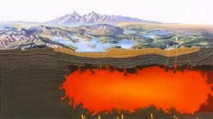 Yellowstone is an active volcano. Surface features such as geysers and hot springs are direct results of the region's underlying volcanism. (National Park Service)